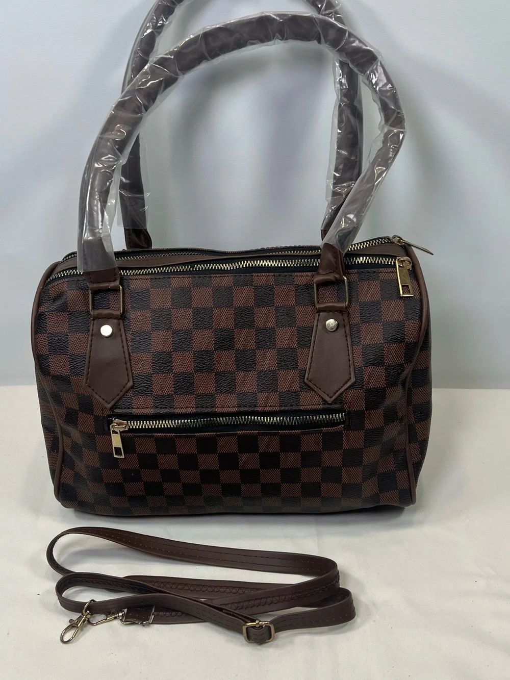Brown Monogram Style Satchel Purse Gold Tone Hardware Fashion Handbag Flaw